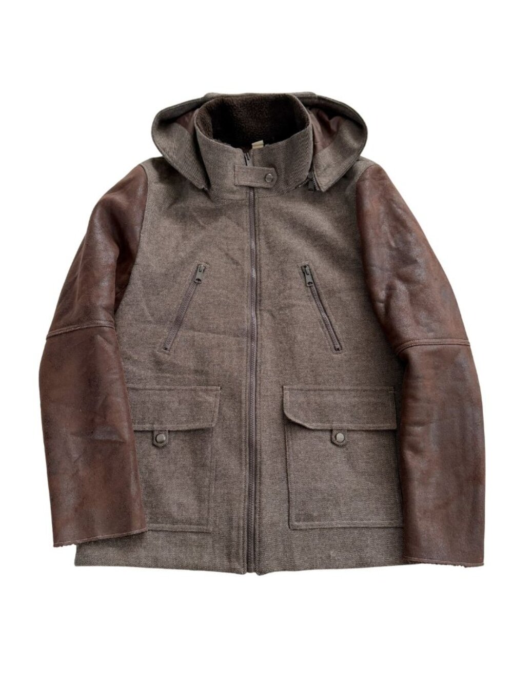SOIA & KYO Mixed Media Wool Blend Hooded Coat with Faux Leather Sleeves Brown L